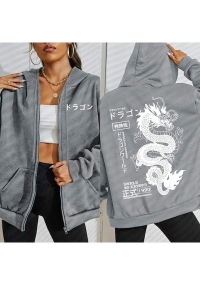 Tarzsokak Dünya Ejderha Özel 1990 Desen Kadın Fermuarlı Kapüşonlu Kıyafet Trendy Polar Hoody Rahat Sonb Gri
