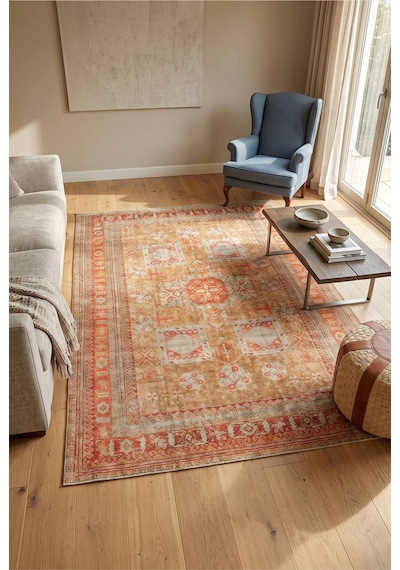Artloop İstanbul Kiremit Sarı Etnik Vintage Desenli Dokuma Tabanlı Şönil Halı Al 641 Kiremit - Sarı