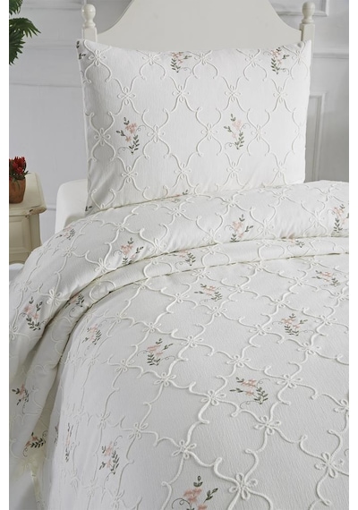 Pinkrose Nakışlı Şönil 2 Parça Tek Kişilik Yatak Örtüsü Krem Krem