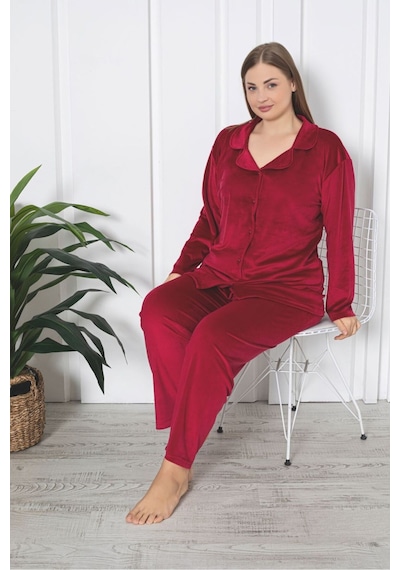 Büyük Beden Boydan Düğmeli Kadife Pijama Takımı Kırmızı