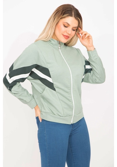 Şans Kadın Pembe 2 İplik Kumaş Ön Fermuar ve Şerit Detaylı Sweatshirt 65n35299-yeşil Yeşil
