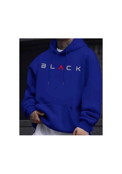 Herkesemoda Black Yazı Detaylı İçi Polarlı Kapüşonlu Sweatshirt Mavi