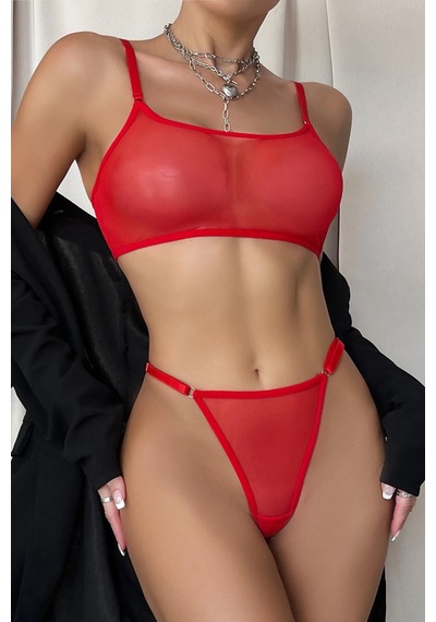 Angbutik Kırmızı Transparan Tül Bralet Tanga İç Giyim Takımı Tm1386