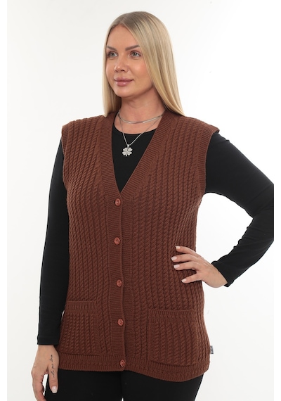 İksun Kadın V Yaka Kışlık Kalın Yün Saç Örgü Modelli Triko Düğmeli Cepl Acı Kahverengi