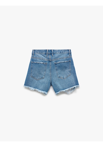 Koton Yıpranmış Püsküllü Düğmeli Denim Şort Açık İndigo 5sal40001md Açık İndigo