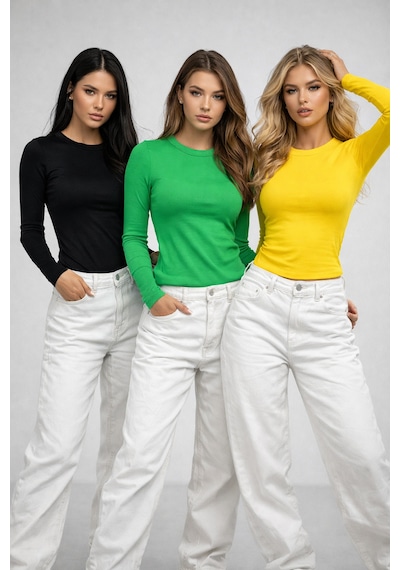 Rich Kadın Siyah-sarı-yeşil 3'lü Paket Bisiklet Yaka Esnek Kumaşlı Vücuda Oturan Slim Fit Uzun Kollu Crop Body Sarı