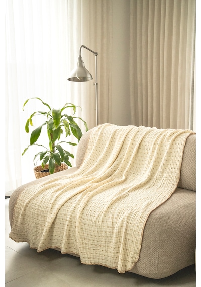 Krem Bej Müslin Tv Battaniyesi / Koltuk Şalı 130x170 Cm, 3 Katlı Noktalı, Çoban Dikişli Bej - Krem