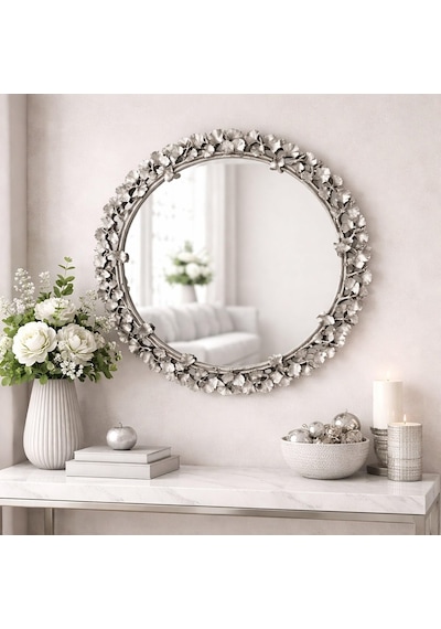 Tr Dekoratif Duvar Aynası Yuvarlak Modern Çiçek Desenli Çerçeve, 43 Cm, Salon Antre Banyo İçin Şık Ayna G Genel