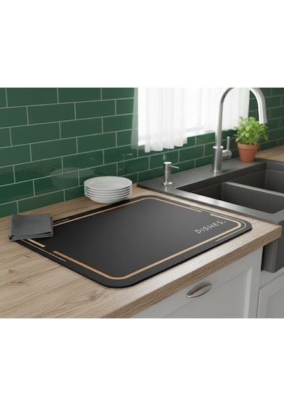 Nobera Premium Dekoratif Bulaşık Kurutma Matı 50x40 Cm Süper Emici, Kaydırmaz Kauçuk Tabanlı Ve Tezgah Koruyucu Altlık Altın - Siyah