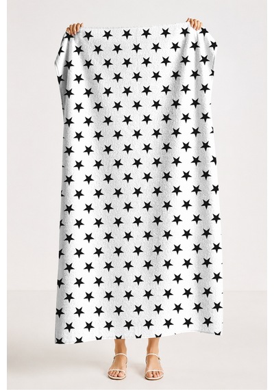 Yıldız Desenli Siyah Beyaz Plaj Havlusu - Minimalist Modern Mono Hızlı Kuruyan Mikrofiber Havlu Kumlu Defne