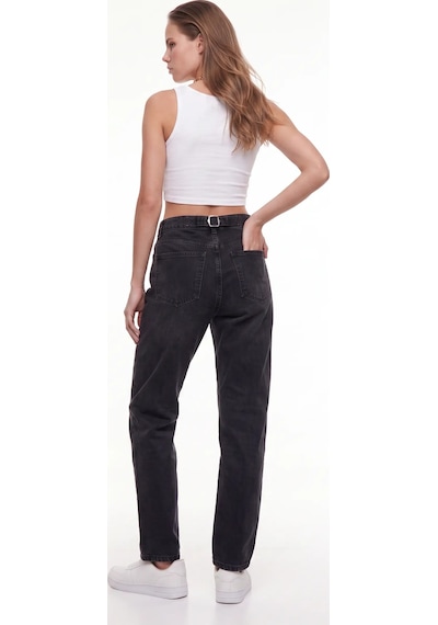 CEMO Kadın Yüksek Bel Mom Fit Jean Pantolon Siyah