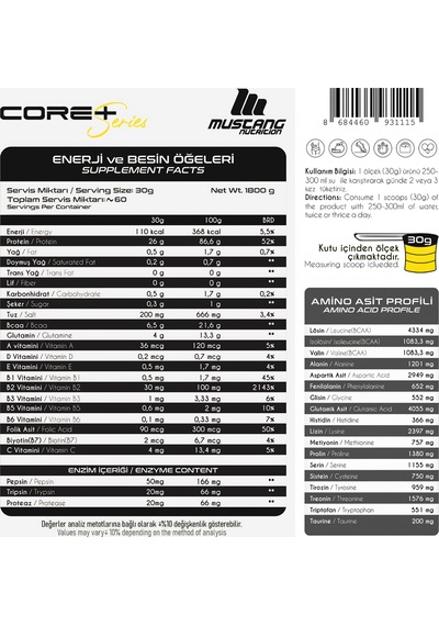 Mustang Nutrition Core+ Series Isolate Whey Protein Tozu 1800 Gr 60 Servis Muzlu Kurabiye + Shaker + Protein Kahve Hediyeli Muz Aromalı