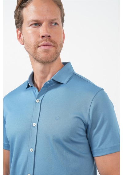 İmza Mavi İtalyan Yaka Kısa Kol Cepsiz Slim Fit Pamuklu Gömlek 1004260158 Koyu Mavi