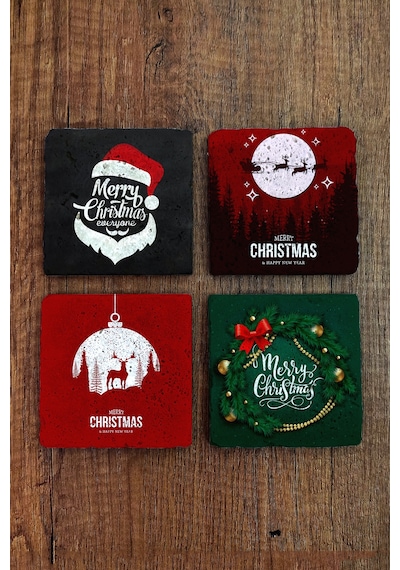 Doğal Taş Bardak Altlığı 4'lü Set 10x10x1 Cm Yeni Yıl Hediyesi Christimas Stone Coasters Çok Renkli