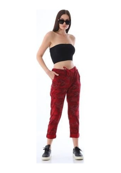 Eren Style Italyan Beli Bağlamalı Kamuflaj Desenli Dar Paça Pantolon-9078 Kırmızı