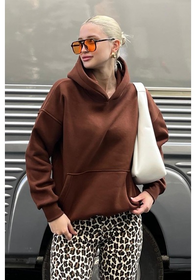 Acı Kahverengi Kapüşonlu Şardonlu Oversize Cepli Sweatshirt Mg2206