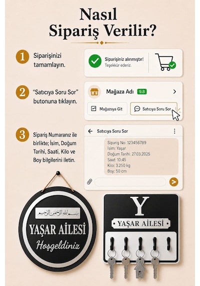 Kişiye Özel 2'li Set Besmele Kapı Süsü Ve Anahtarlık Askılığı Ahşap Pleksi Dış Kapı İsimliği Dekoratif Tabela Siyah Beyaz