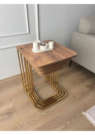 4 Lü Tekerlekli Zigon Sehpa Gold Çam