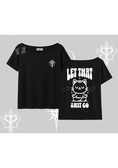 Tarzsokak Meditasyon Yapan Kedi Baskılı Kayık Yaka Tshirt Siyah