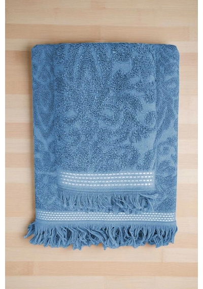 2 Parça Jakarlı Banyo Havlu Takımı %100 Pamuklu 90x150 Cm Arden Mavi Çok Renkli