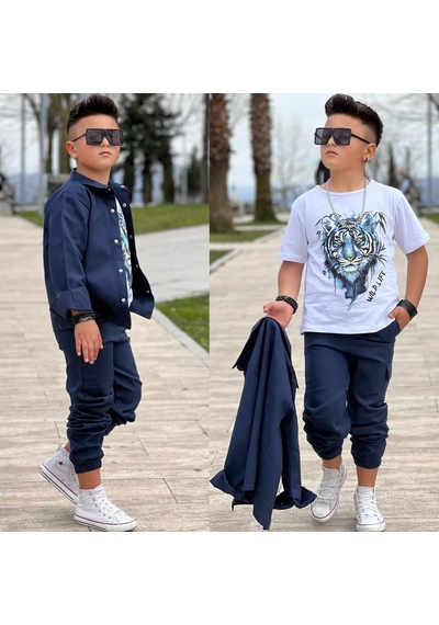 Modavals Gabardin Gömlek Kargo Cep Pantolon Ve Kaplan Baskılı Tshırt 3 Parça Erkek Çocuk Takım Lacivert Modavals Gabardin Gömlek Kargo Cep Pantolon Ve Kaplan Baskılı Tshırt 3 Parça Erkek Çocuk Takım Lacivert