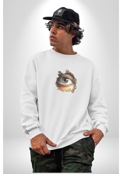 Duvardan Biri Bizi Gözetliyor Unisex Beyaz Baskılı Sweatshirt Beyaz