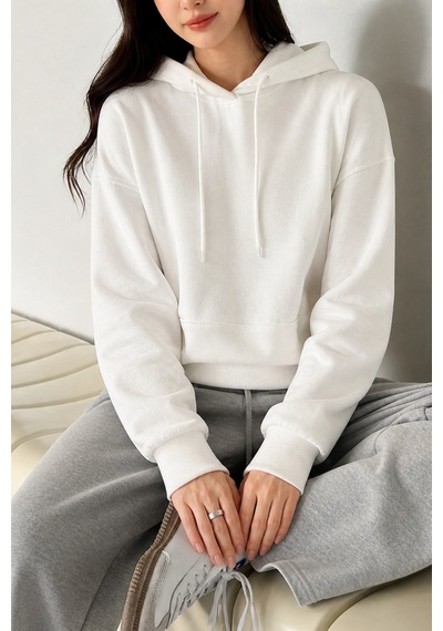 Cool Tarz Kadın Oversize Hoodie Sweatshirt Kapüşonlu Kanguru Cepli Beyaz Beyaz
