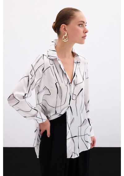 Sateen Yırtmaç Detaylı Gömlek - Ekru-136103 Ekru