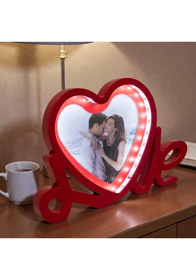Love Yazılı Led Işıklı Kişiye Özel Fotoğraflı Sihirli Ayna Kırmızı-beyaz Sevgiliye Hediye Kırmızı