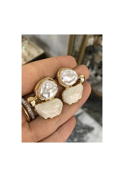 Tasarım İnci Ve Gold Detaylı Simli Küpe Beyaz
