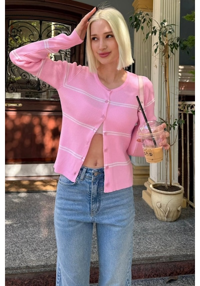 Madmext Pembe Çizgili Kadın Triko Hırka Mg2481 Pembe