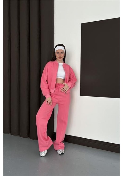 Neşeli Butik Kadın Pembe Fermuarlı 3 İplik Eşofman Takımı Nbesf01 Pembe