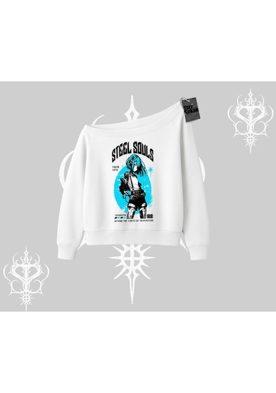Startmore Kayık Yaka Sweatshirt Anime Cyberpunk Kız Baskılı Beyaz