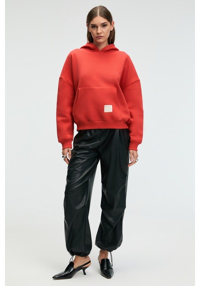 ETHIQUET C ARIE Kadın Organik Pamuklu Oversize Kanguru Cepli Kapüşonlu Kırmızı Sweatshirt
