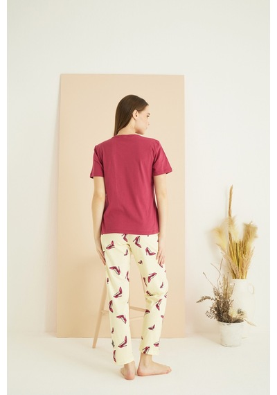 Siyah İnci Pamuklu Bisiklet Yaka Örme Pijama Takım25103208 Vişne Rengi