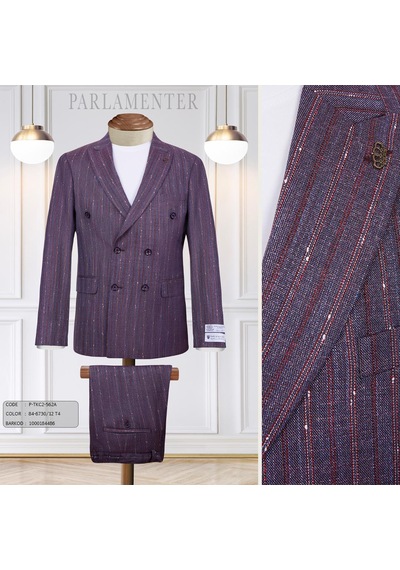 Fabıo Cassel Çizgili Kruvaze Erkek Takım Elbise Slim Fit Bordo