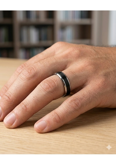 Erkek Siyah Renk Gümüş Detay 6 Mm Tungsten Yüzük