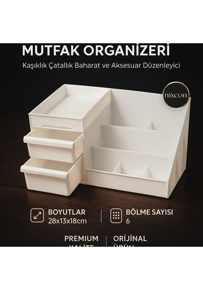 Çok Amaçlı Çekmeceli Mutfak Organizeri - Kaşıklık Çatallık Baharat Ve Aksesuar Düzenleyici Beyaz