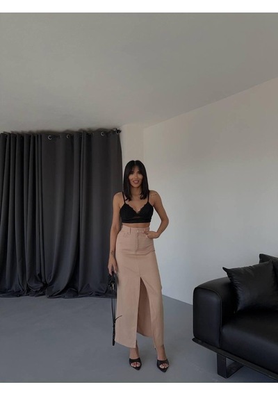 Dogutrend Gabardin Uzun Önden Yırtmaçlı Etek - Kahverengi