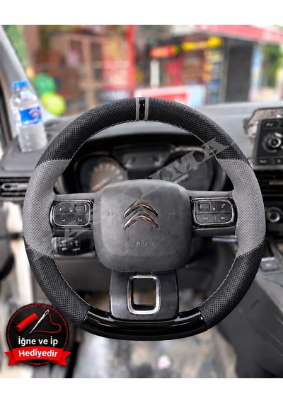 Citroen C4 Cactus Dikme Direksiyon Kılıfı Delikli Deri Parlak Siyah Gri Detay Çift Yüzük Ve Dikiş 2018-2020