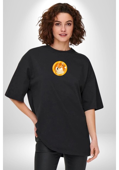 Doge Coin Siyah Oversize Unisex Ön Orta Minimal Baskılı Tişört Siyah