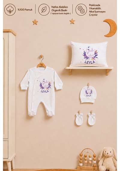 Pia Baby Kız Bebek İsimli %100 Pamuk Hastane Çıkışı 6 Parça Tulum Şapka Eldiven Hediye Seti 2072tybk0x Krem