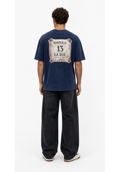 Respire Erkek Marseille Baskılı Yıkamalı Oversize T-shirt Lacivert