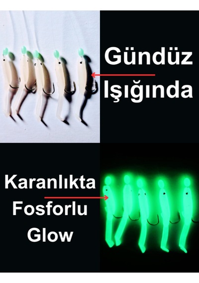 Ea genset Silikon Balıklı Çapari 5 Cm 2 Adet Silikon At Çek Takımı Şeffaf Yeşil Fosforlu Glow Beden Ve Fosforlu Glow Boncuklu
