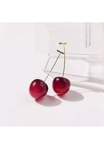 Altın Kaplama Kiraz Cherry Küpe Kırmız - Altın