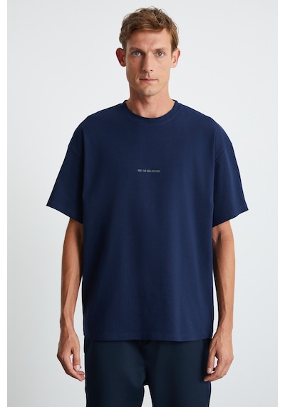 Grimelange Rıver Erkek Oversize Fit Bol Kesim Nakış Işlemeli Basic Örme Lacivert T-shirt Lacivert