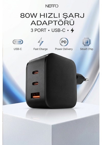 80w Çift Portlu 2x Usb-c Usb-a Girişli Akıllı Hızlı Şarj Adaptörü