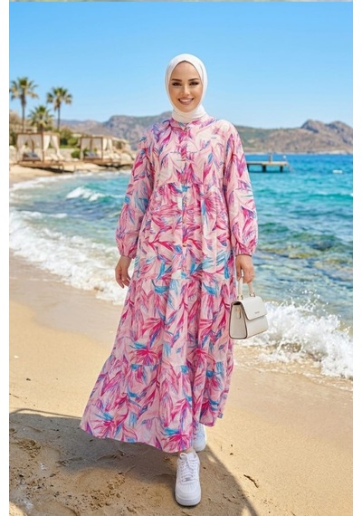 Hb Harma Time Butik Kadın Düğmeli Modal Kumaş Desenli Pembe Elbise Hb Harma Time Butik Kadın Düğmeli Modal Kumaş Desenli Pembe Elbise