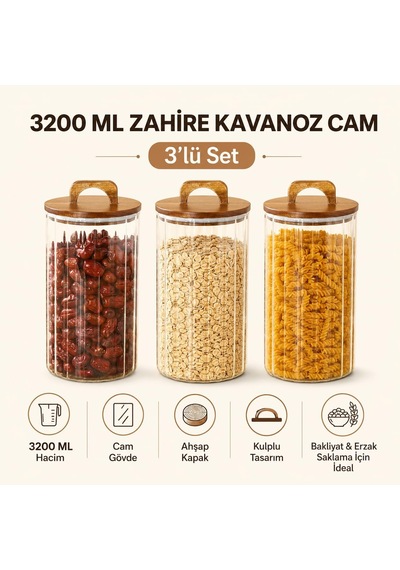 Tr 3200 Ml Zahire Kavanozu 3'lü Set, Ahşap Kapaklı Kulplu Cam Erzak Saklama Kabı, Büyük Boy Bakliyat Makarna Kahve Diğer