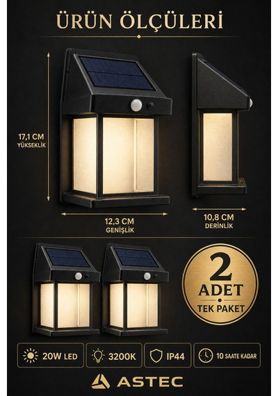 Astec Solar Hareket Sensörlü Duvar Lambası 20w Ip65 Güneş Enerjili Bahçe Apliği Gün Işığı 2 Adet